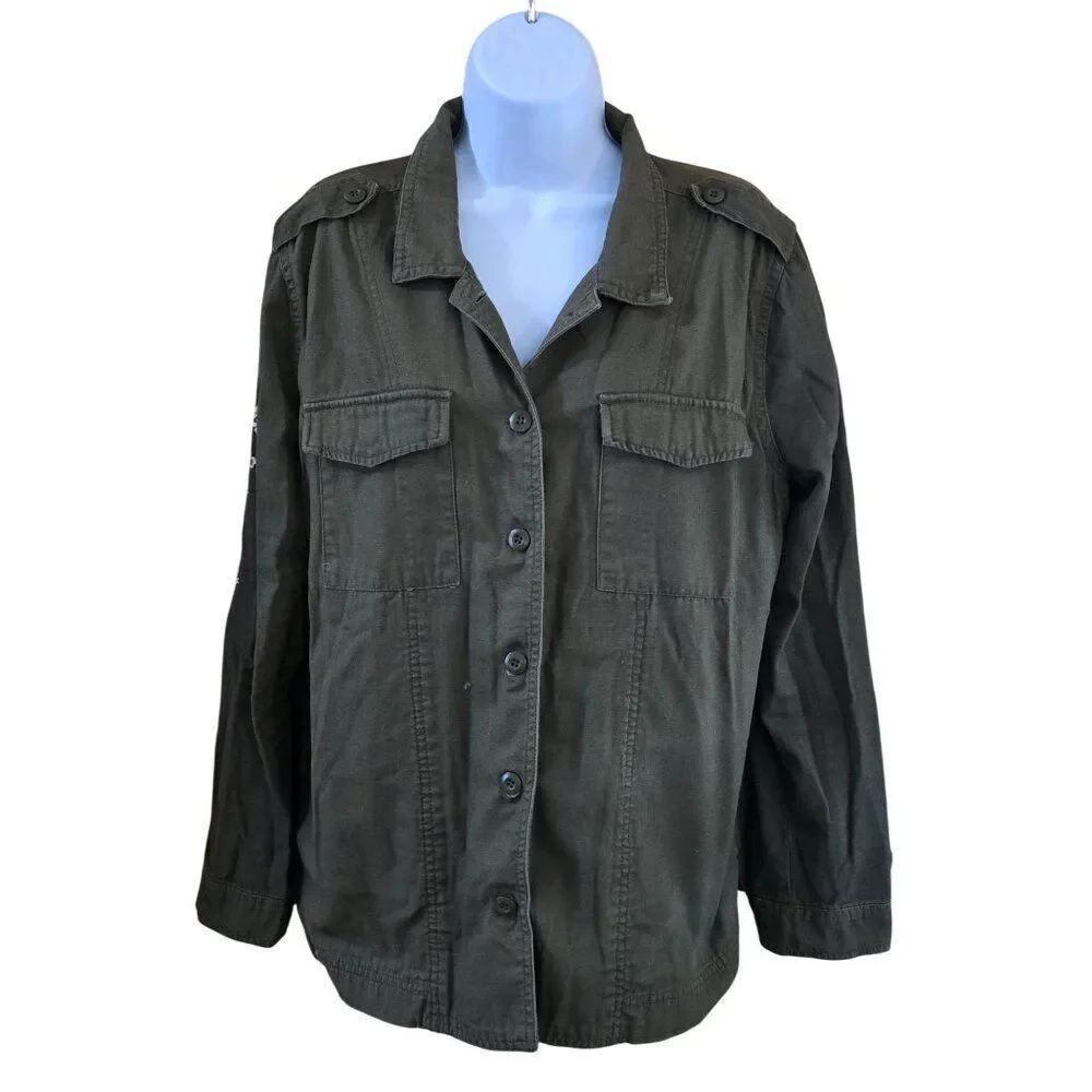 Womens Olive Green Embroidered Button-Up Jacket "We Run The World" boho